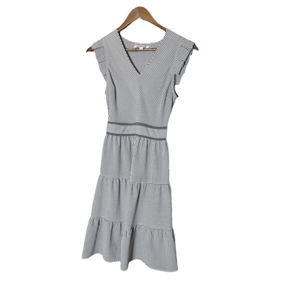 Monteau Los Angeles Dress Grey White Stripe Fit Flare Dress Small Cap Sleeve - Picture 1 of 8